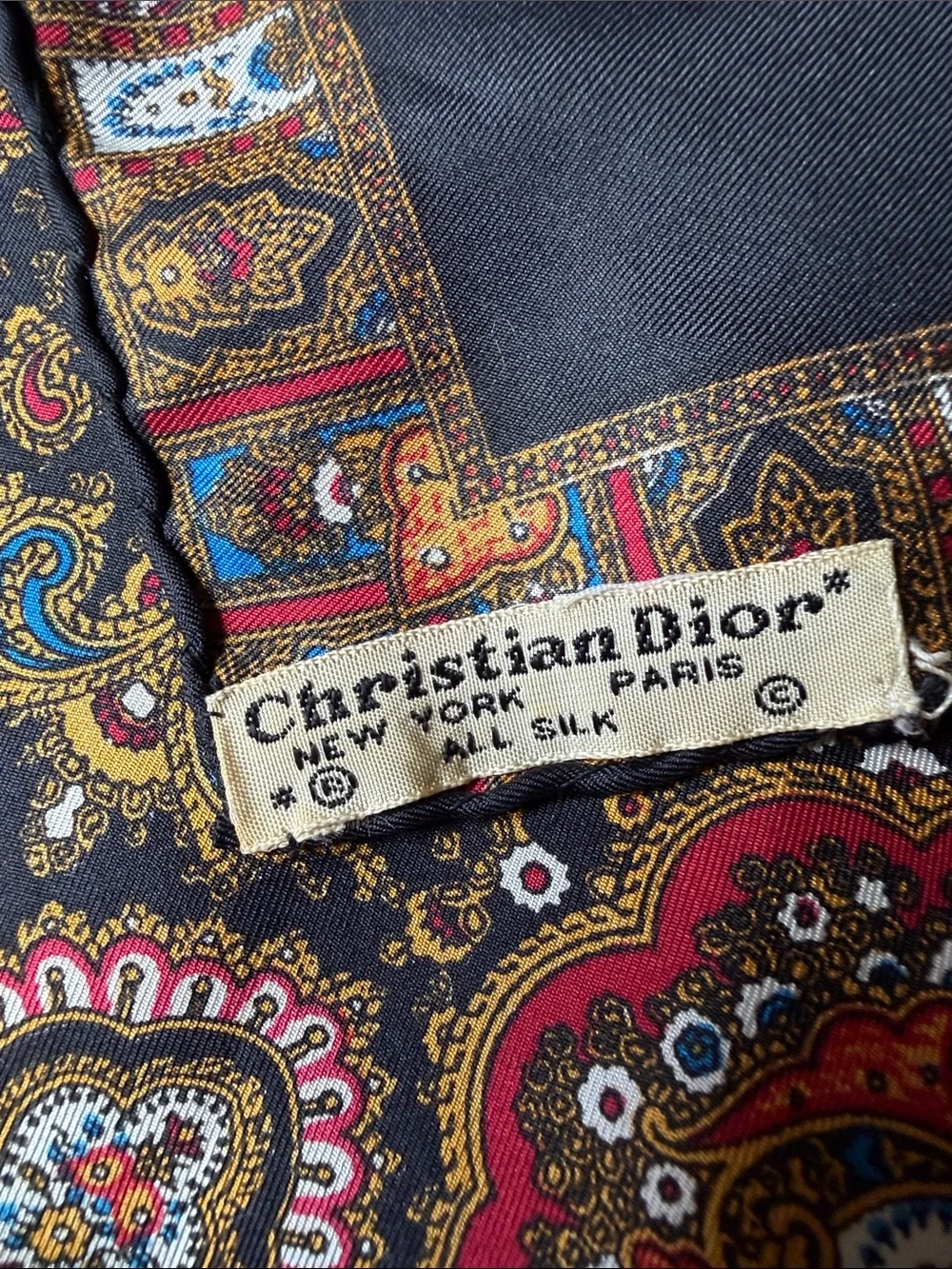 Dior Black Silk Scarf with Gold, Red & Blue Paisley Border
